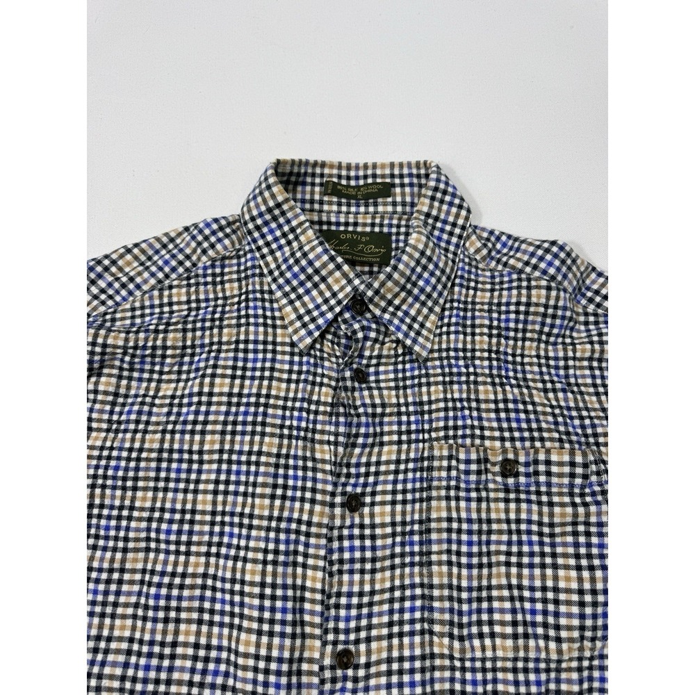 Orvis Signature Mens XL Silk Wool Plaid Button Shirt Green Blue Cabincore Gorp